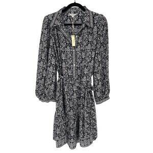 Max Studio London Floral Shirt Dress XL Black White Long Sleeve NWT Tie Waist